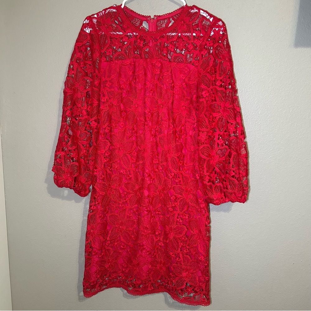 Shoshanna Red Floral Lace 3/4 Balloon Sleeve Cocktail Dress Women’s Size Small 4